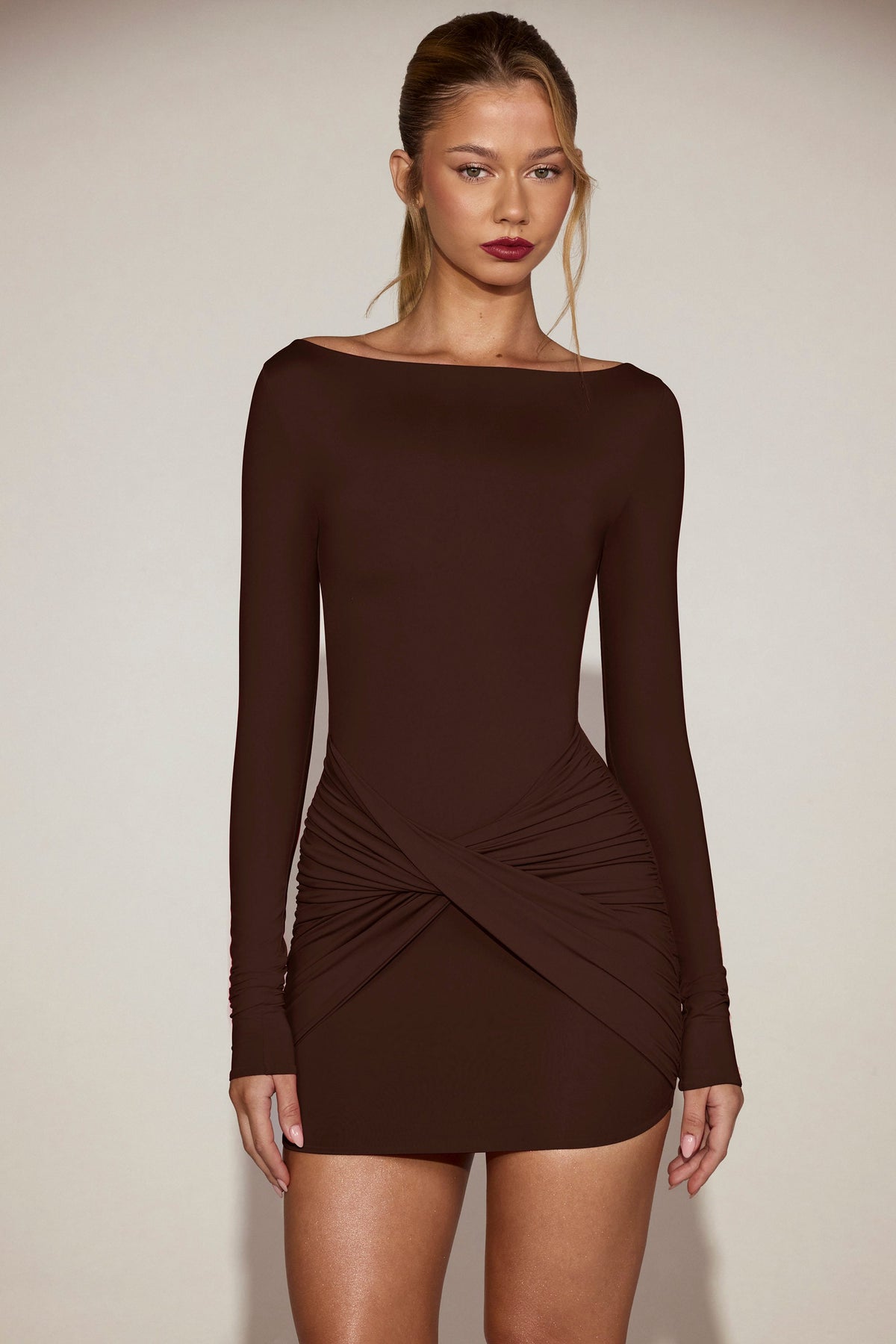 Soft-Jersey Boat-Neck Draped Mini Dress in Chocolate Brown
