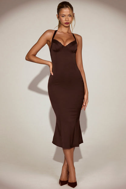 Satin Sweetheart Bustier Fishtail Midaxi Dress in Chocolate Brown