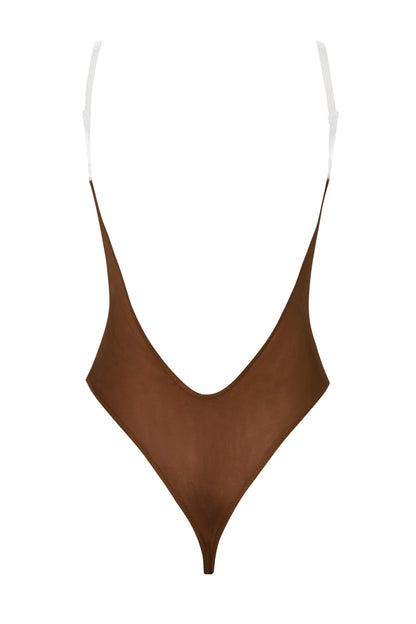 Soft Mesh Invisible Strap Thong Bodysuit in Chestnut