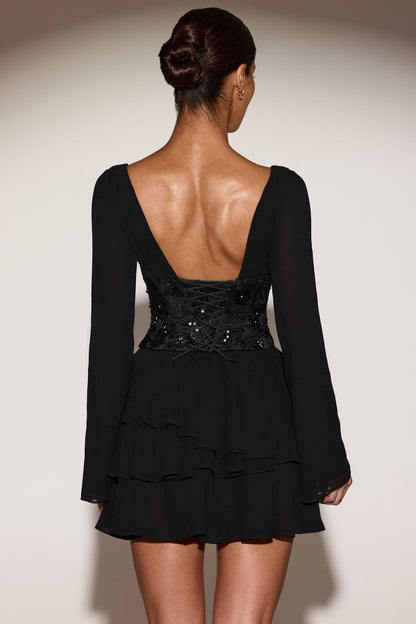 Chiffon Embellished Corset A-line Mini Dress in Black
