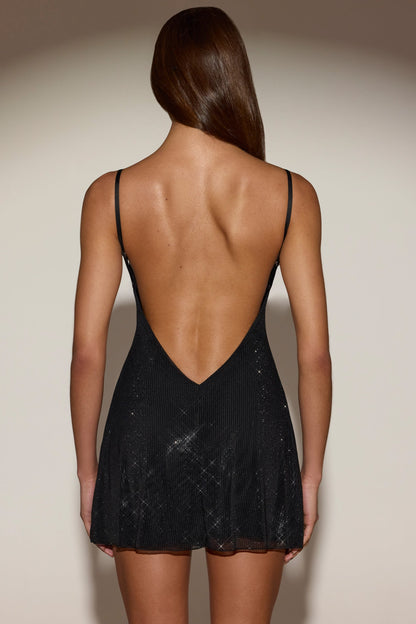 Embellished Soft-Scoop Backless Fitted Mini Dress in Black