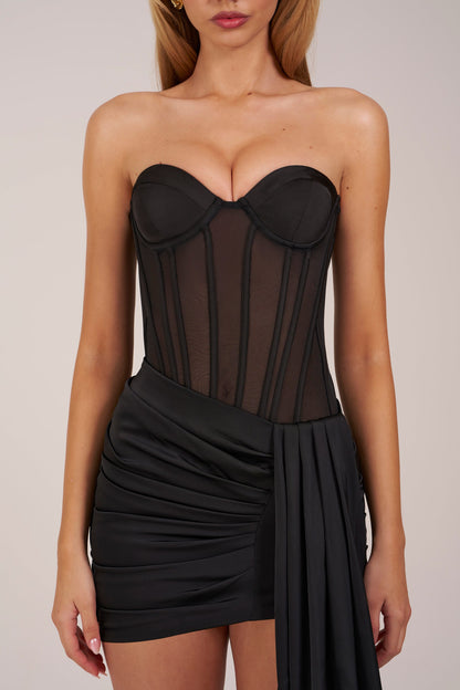 Bandeau Lace-Up Corset Mini Dress  in Black
