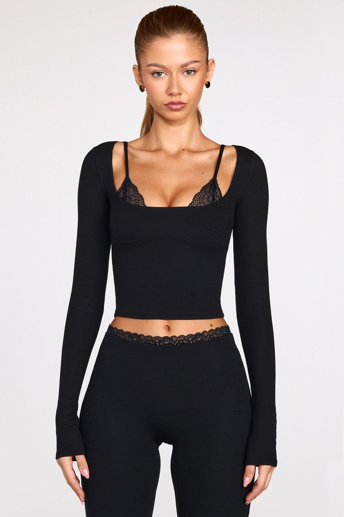 Ribbed Modal Long-Sleeve Laced Bra Top in Black