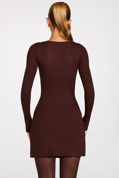 Ribbed Modal Long-Sleeve Laced Bra Mini Dress in Chocolate Brown