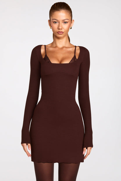 Ribbed Modal Long-Sleeve Laced Bra Mini Dress in Chocolate Brown