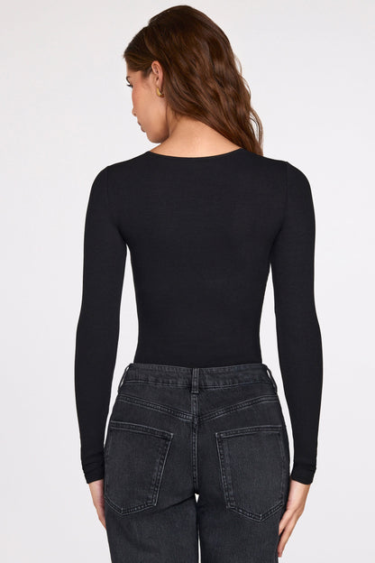 Ribbed Modal Long-Sleeve Plunge Bodysuit in Black
