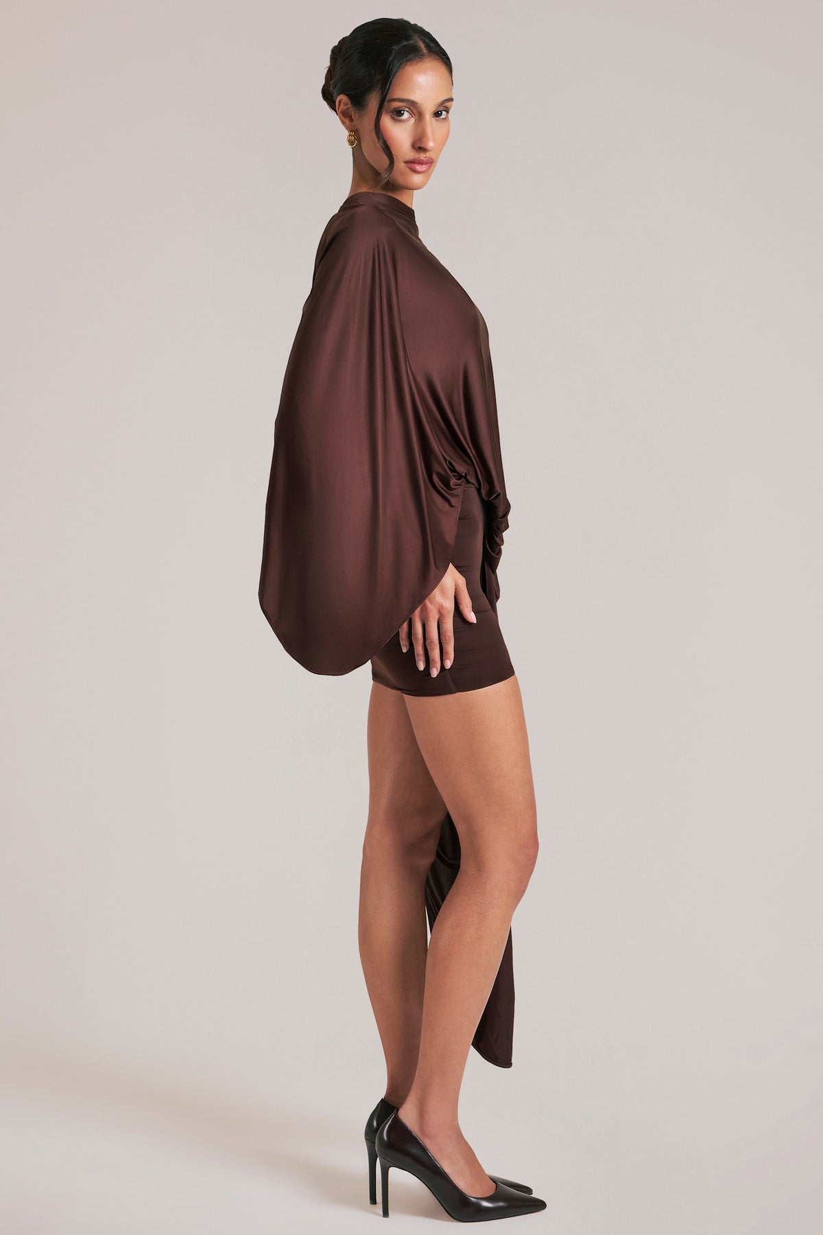 Draped Cape Mini Dress in Chocolate Brown