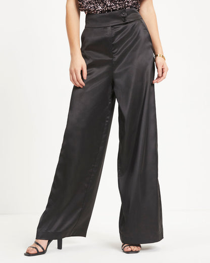 Ellis Satin Pocketed Wide Leg Pants - Black