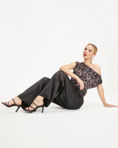 Ellis Satin Pocketed Wide Leg Pants - Black