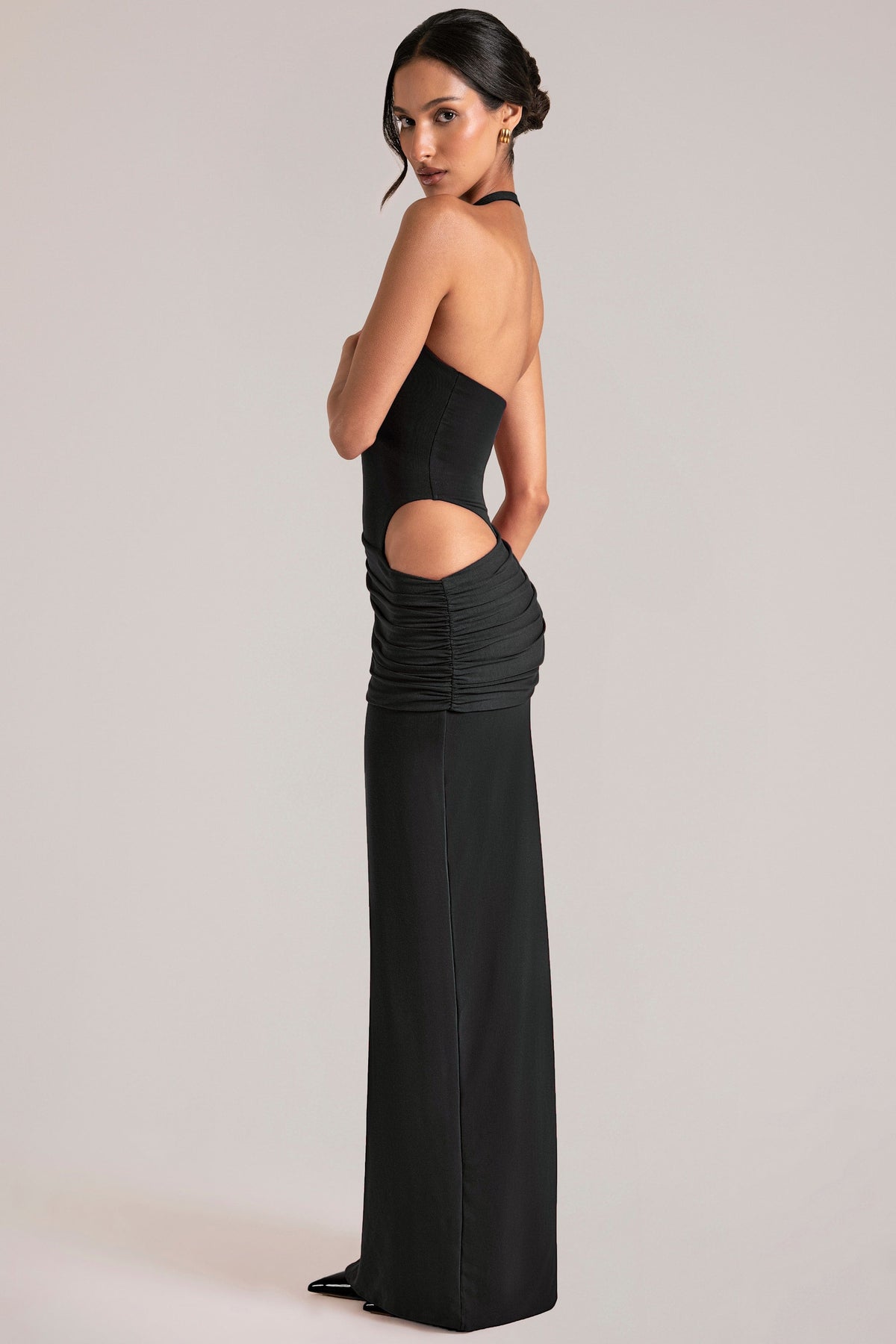 Deep Plunge Halterneck Maxi Dress in Black