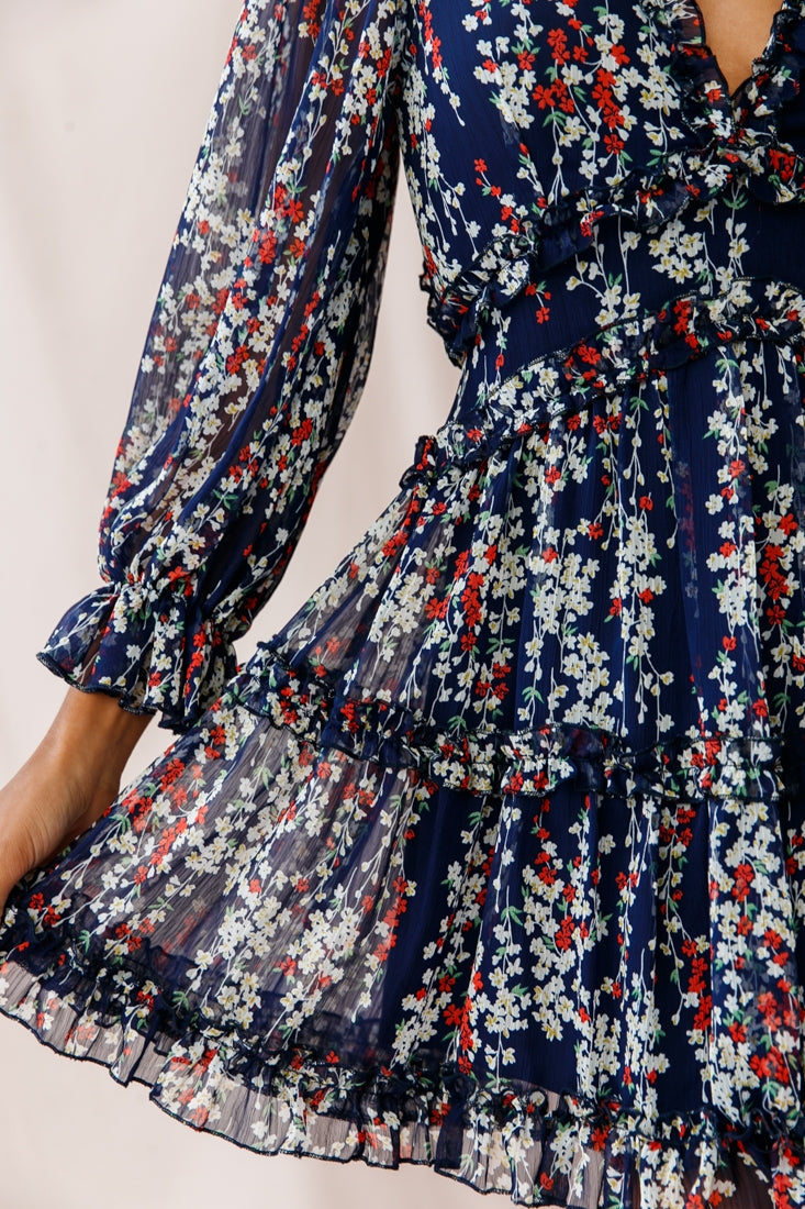 Laney Cutout Back Ruffle Detail Floral Dress Navy