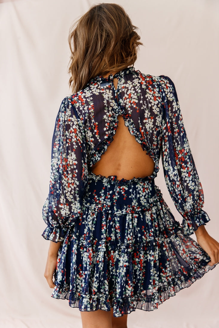 Laney Cutout Back Ruffle Detail Floral Dress Navy
