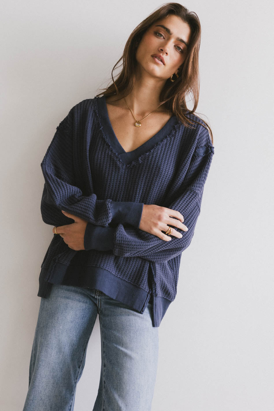 Ellis Waffle Knit Top in Navy - FINAL SALE