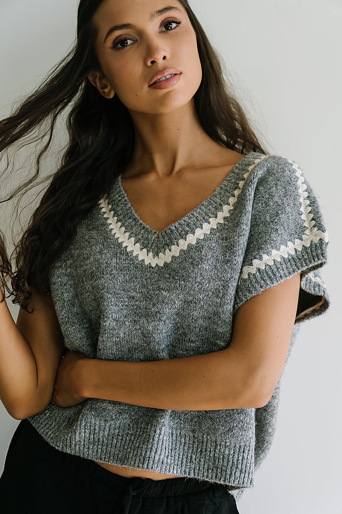 Hazel Embroidered Sweater Top in Grey - FINAL SALE