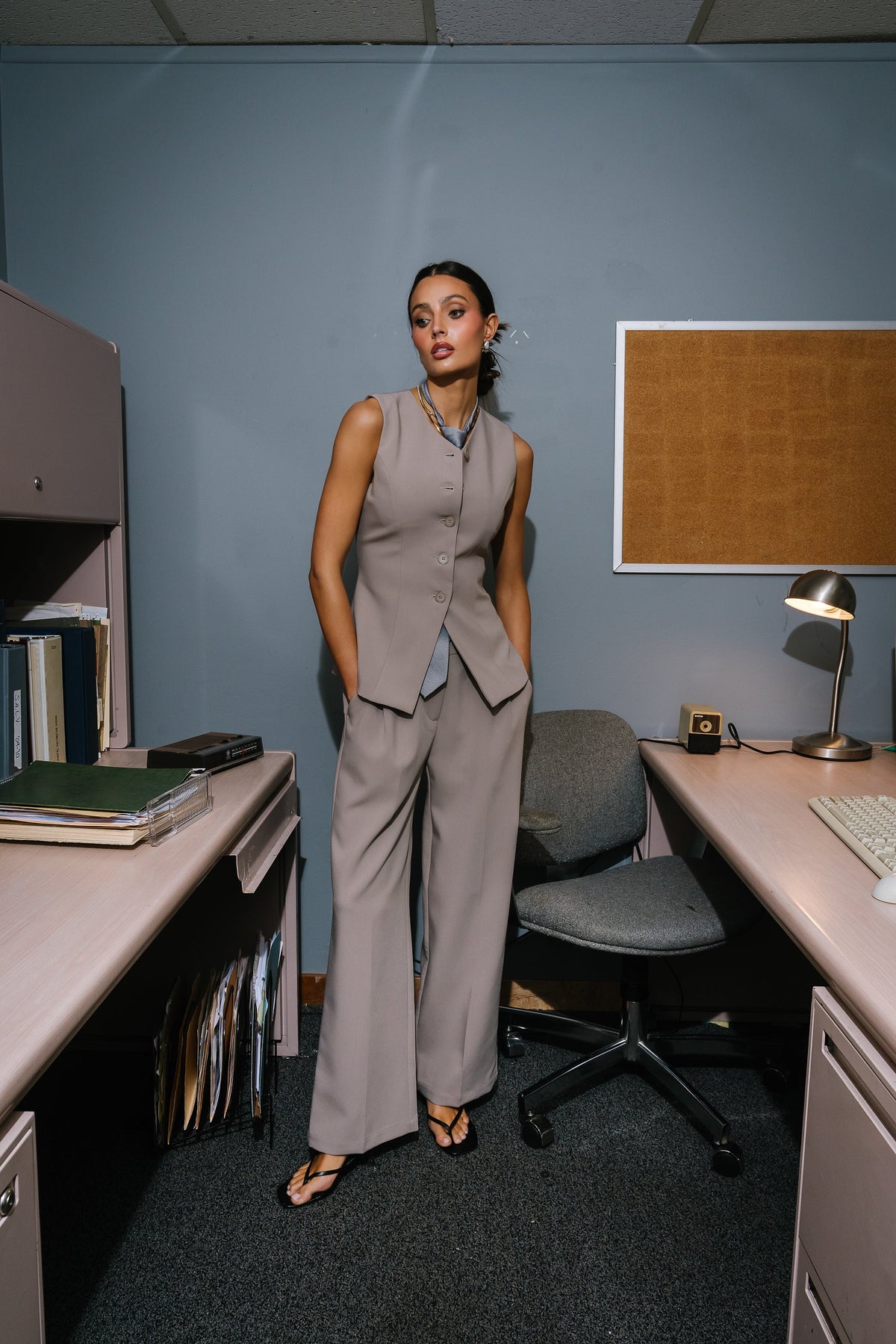 Carrie Button Up Vest in Taupe