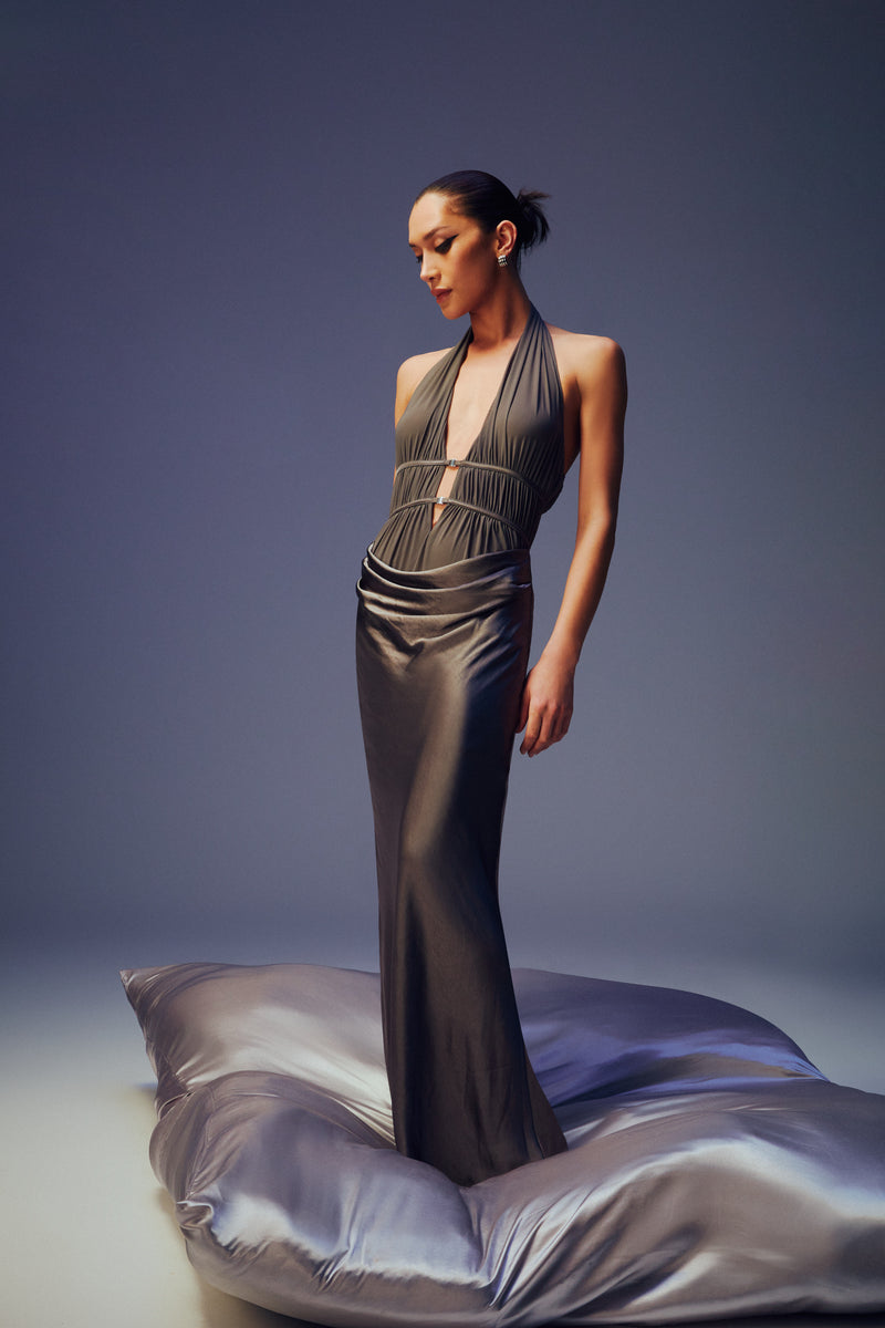 Celine Satin Maxi Dress - Pewter