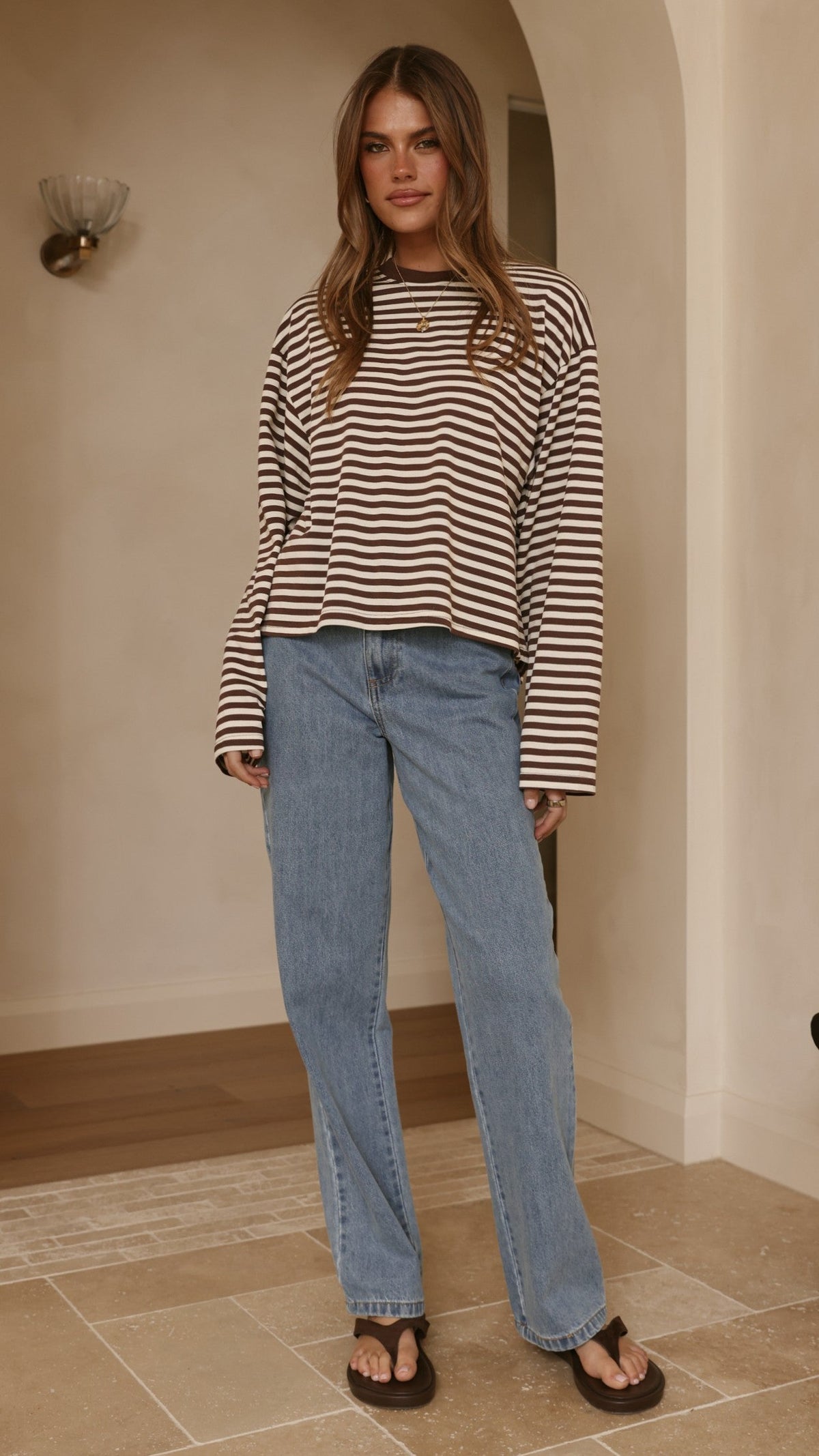 Solana Long Sleeve Top - Choc/White Stripe