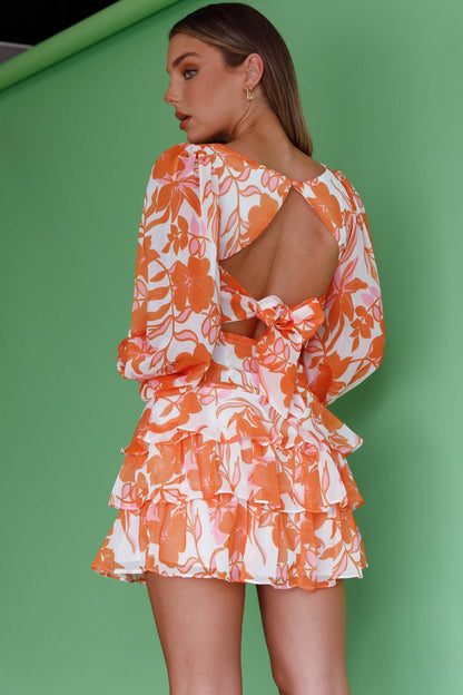 Romance Novel Long Sleeve Tied Back Floral Dress Orange