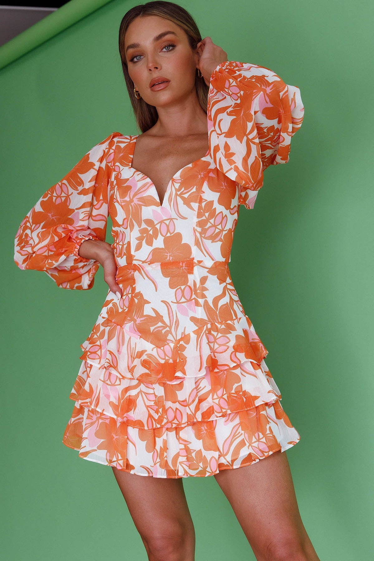 Romance Novel Long Sleeve Tied Back Floral Dress Orange