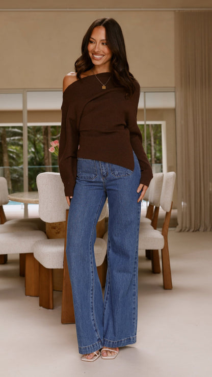 Eleora Long Sleeve Asymmetrical Top - Brown