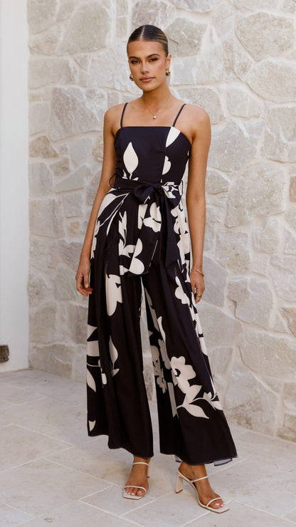 Carson Front Split Strapless Jumpsuit - Black Floral