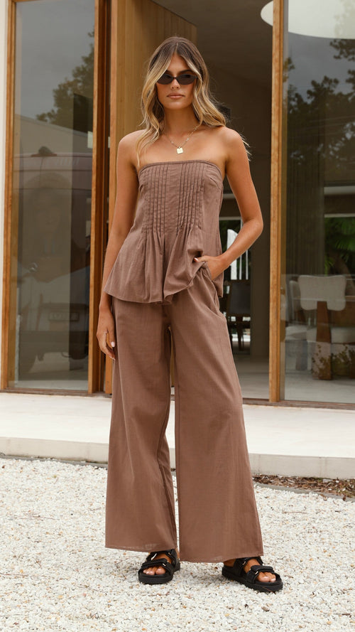 Sharni Strapless Pleat Top and Pants Set - Chocolate