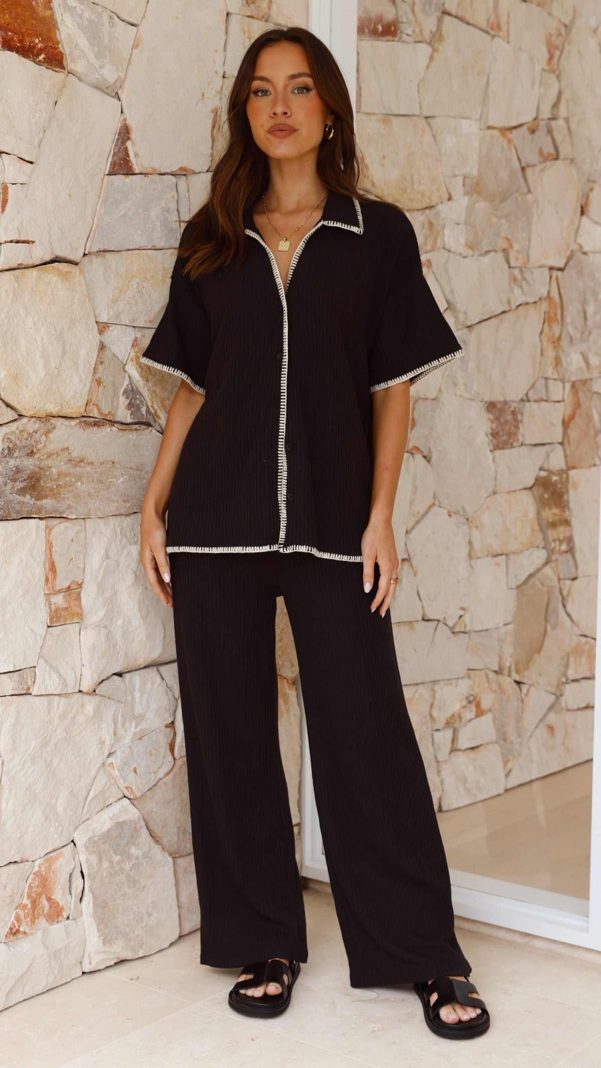 Madian Button Up Shirt and Pants Set - Black