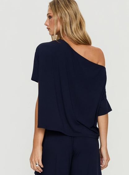 Cozy Hour Sleep Relaxed Off Shoulder Top Navy