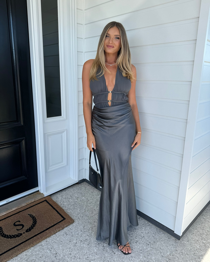 Celine Satin Maxi Dress - Pewter