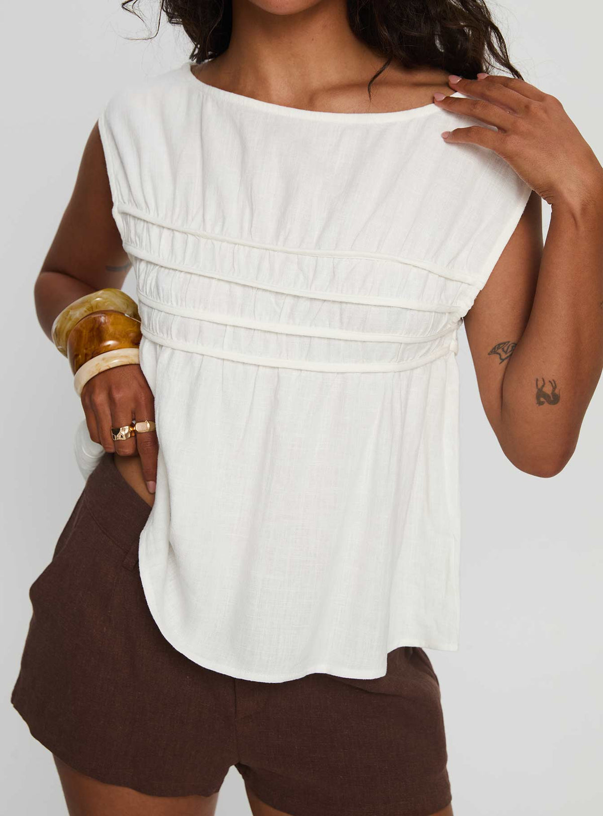 Alorie Textured Linen Blouse Top White