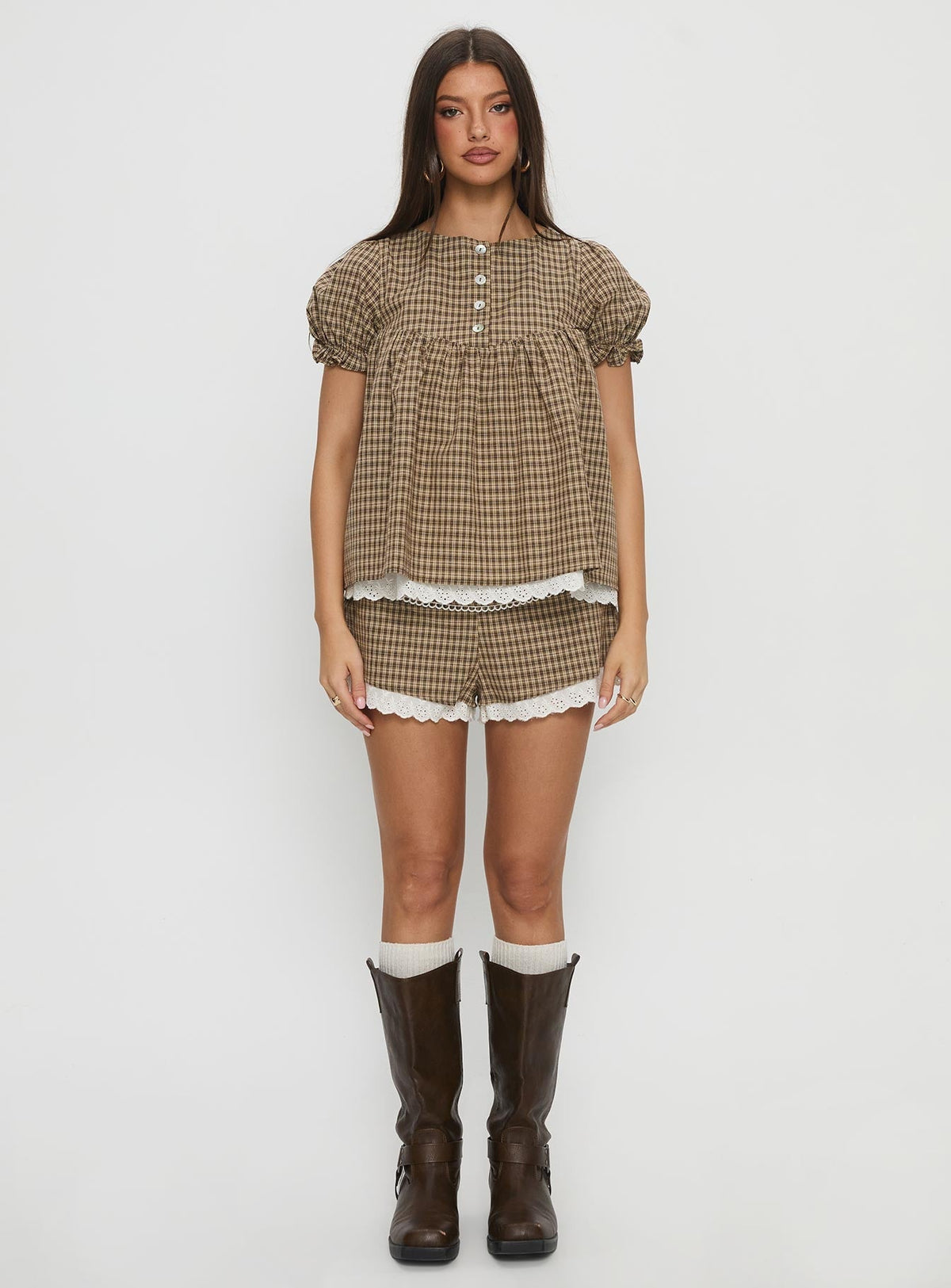 Chandelier Mini Lace Trim Shorts Brown Check