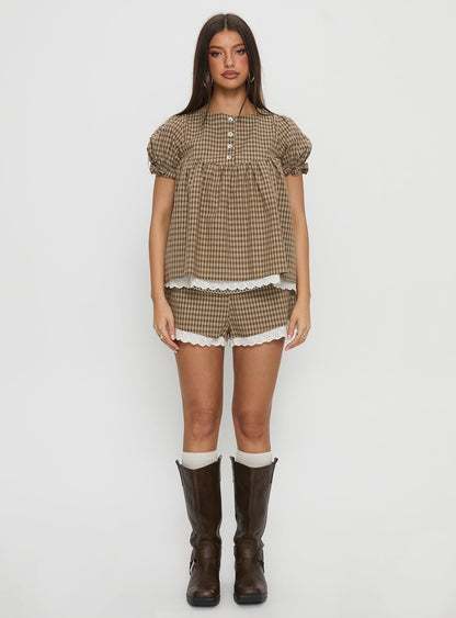 Chandelier Mini Lace Trim Shorts Brown Check