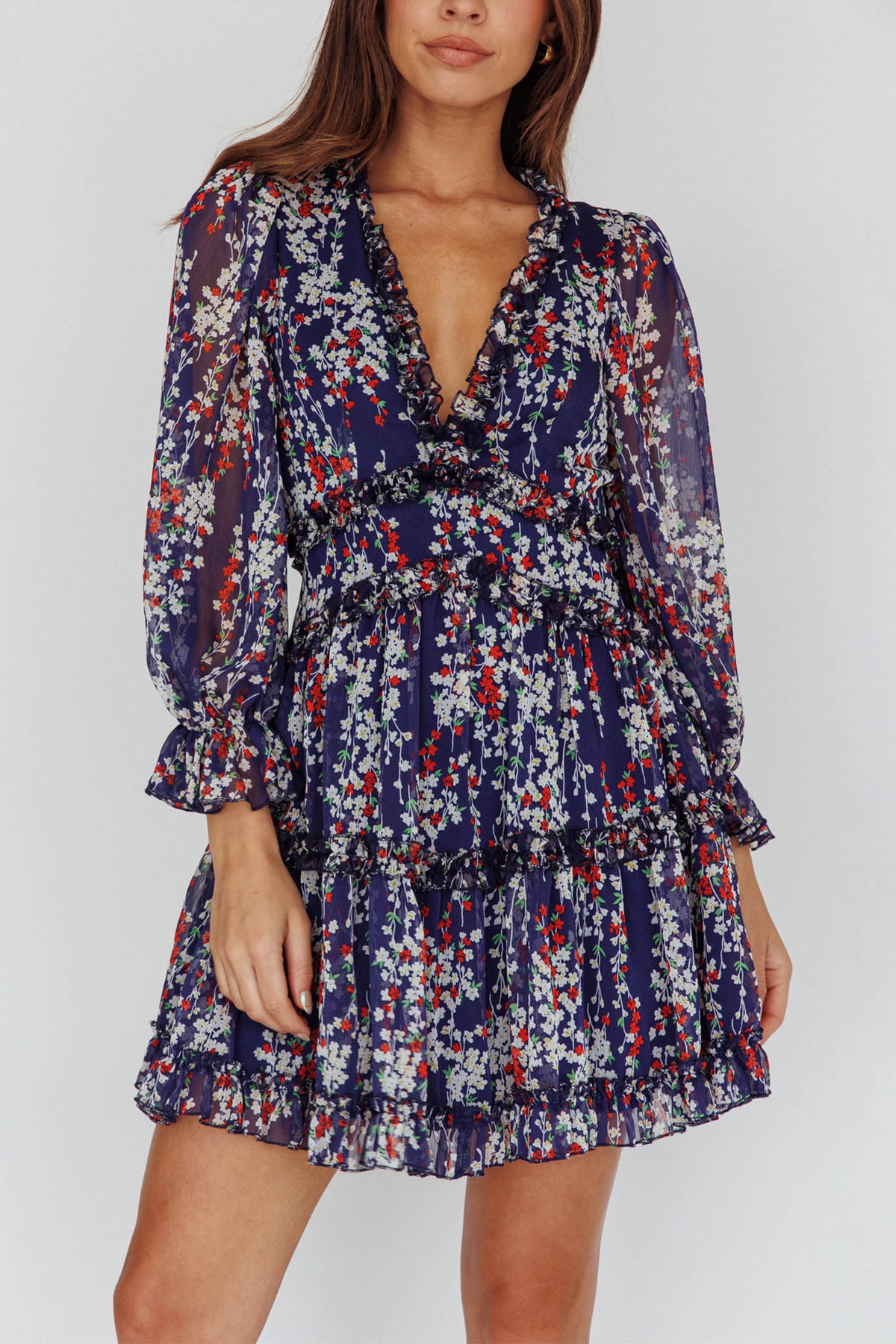Laney Cutout Back Ruffle Detail Floral Dress Navy