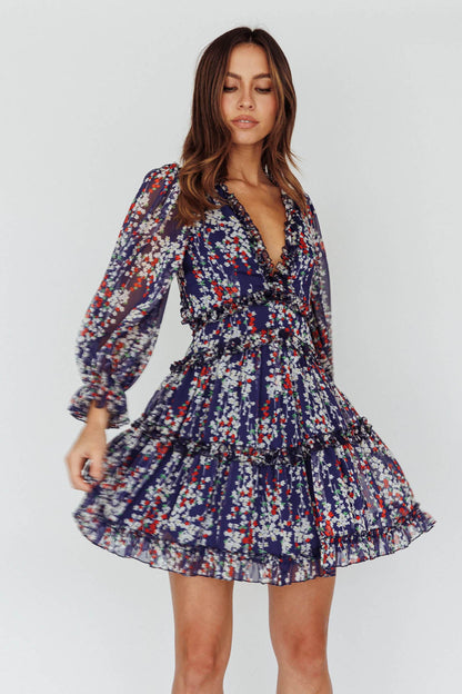 Laney Cutout Back Ruffle Detail Floral Dress Navy