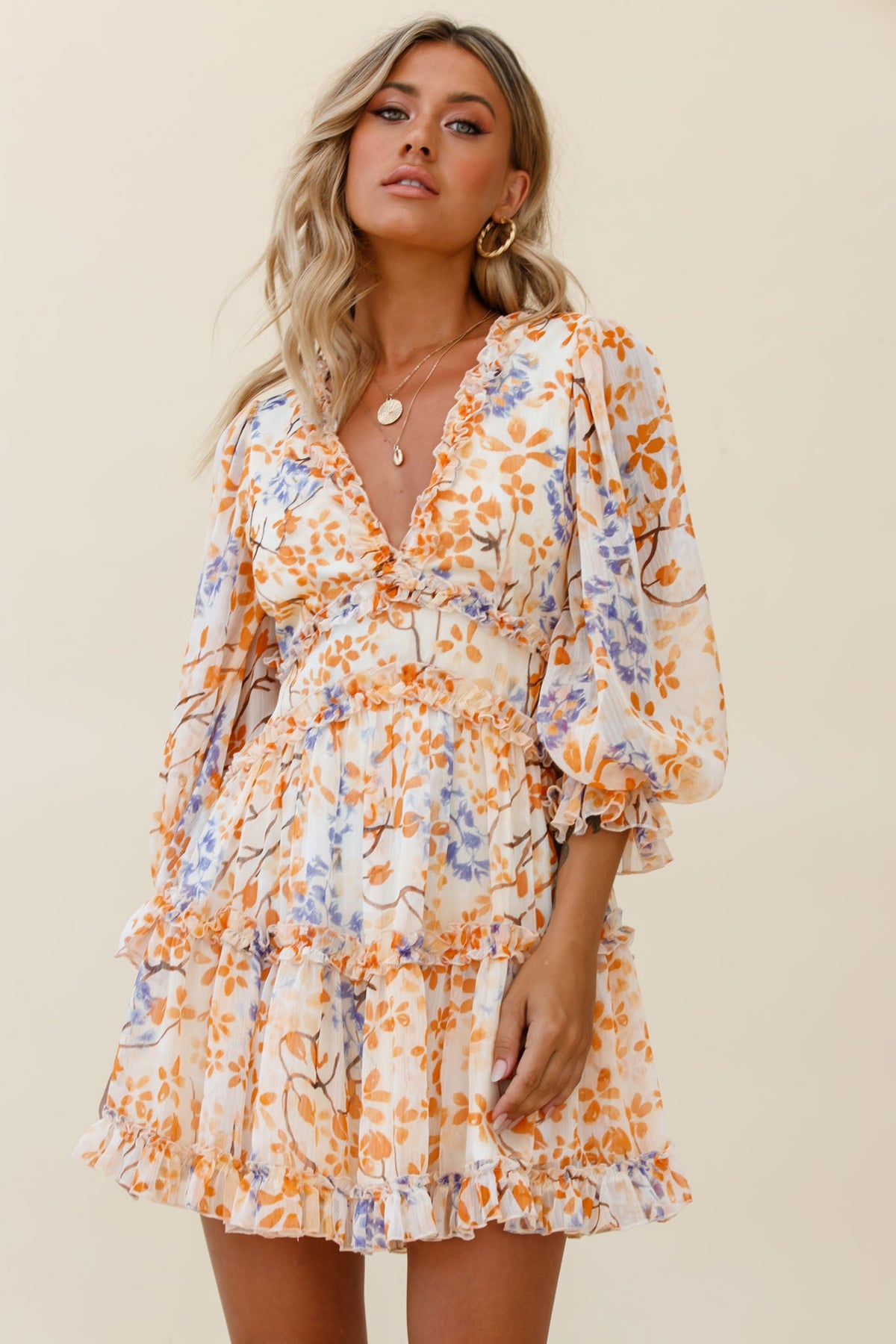 Laney Cutout Back Frill Trim Dress Floral Pattern Orange