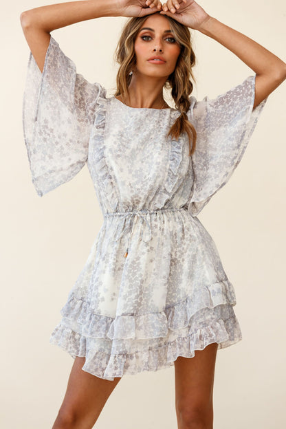 Stars Aligned Angel Sleeve Drawstring Waist Dress Star Print Grey
