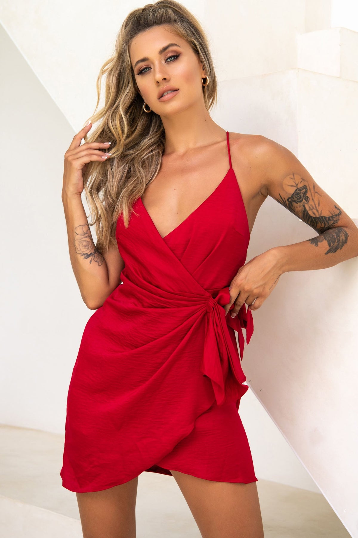 Medellin Gathered Detail Side-Tie Wrap Dress Red