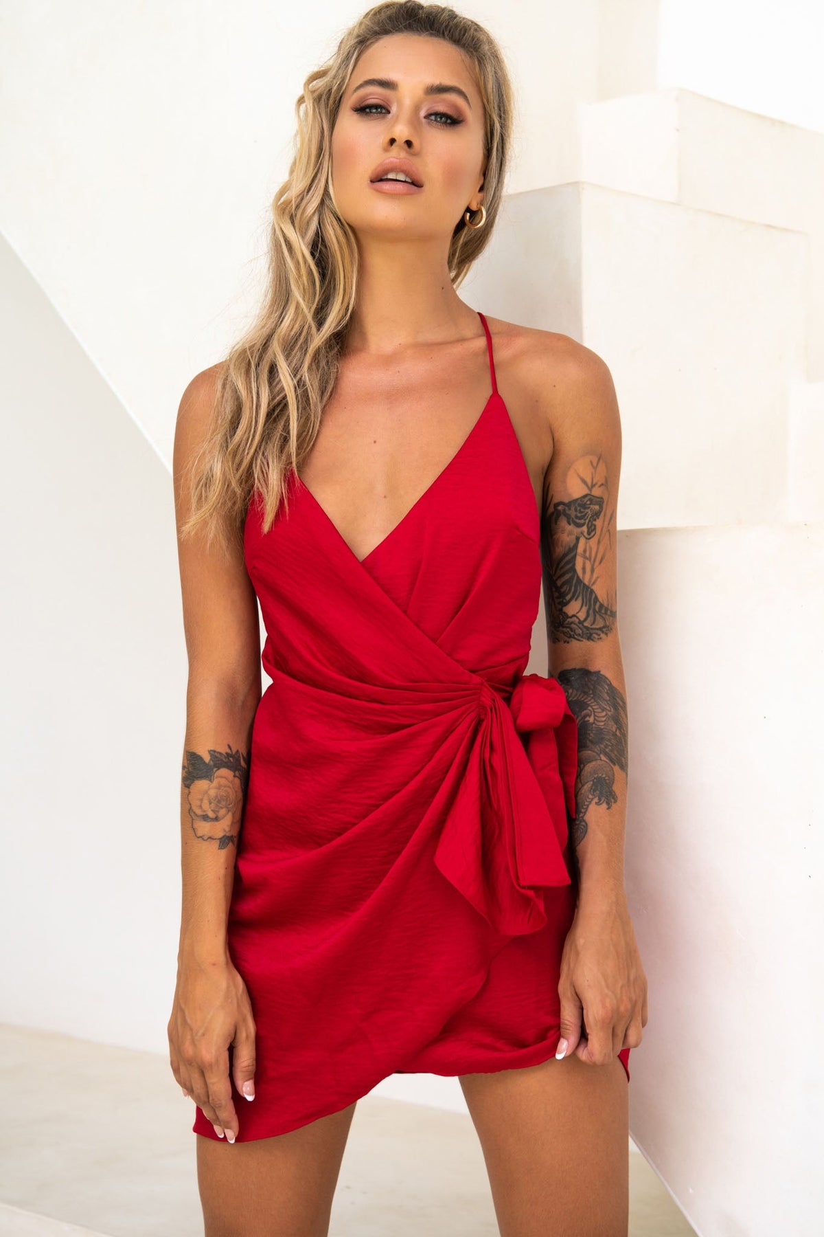 Medellin Gathered Detail Side-Tie Wrap Dress Red