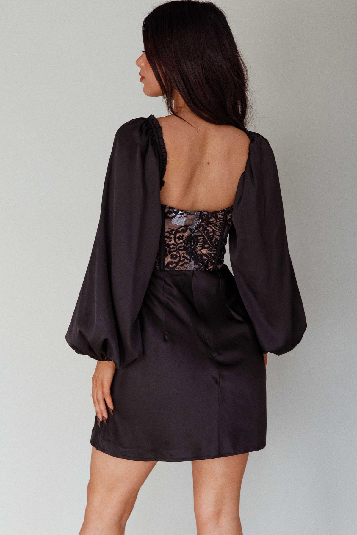 Trophy Long Sleeve Lace Bodice Mini Dress Black