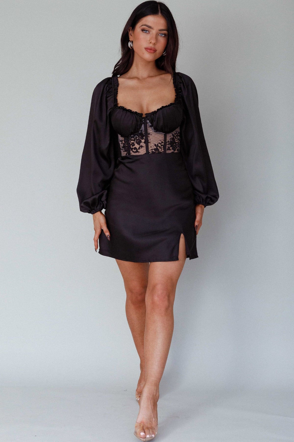 Trophy Long Sleeve Lace Bodice Mini Dress Black