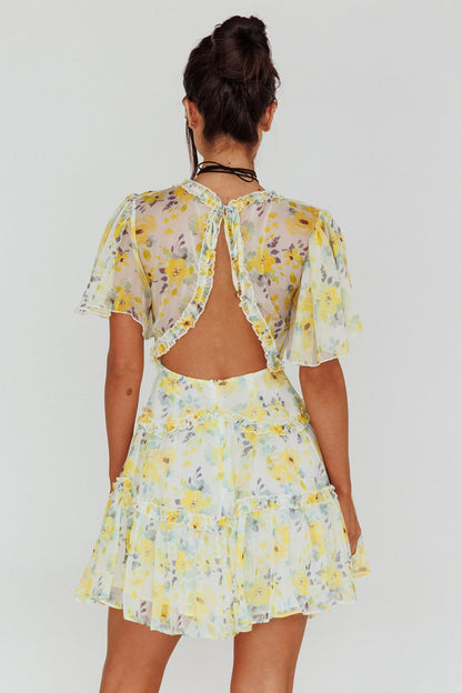 Tres Chic Flutter Sleeve Cut-Out Dress Floral Yellow