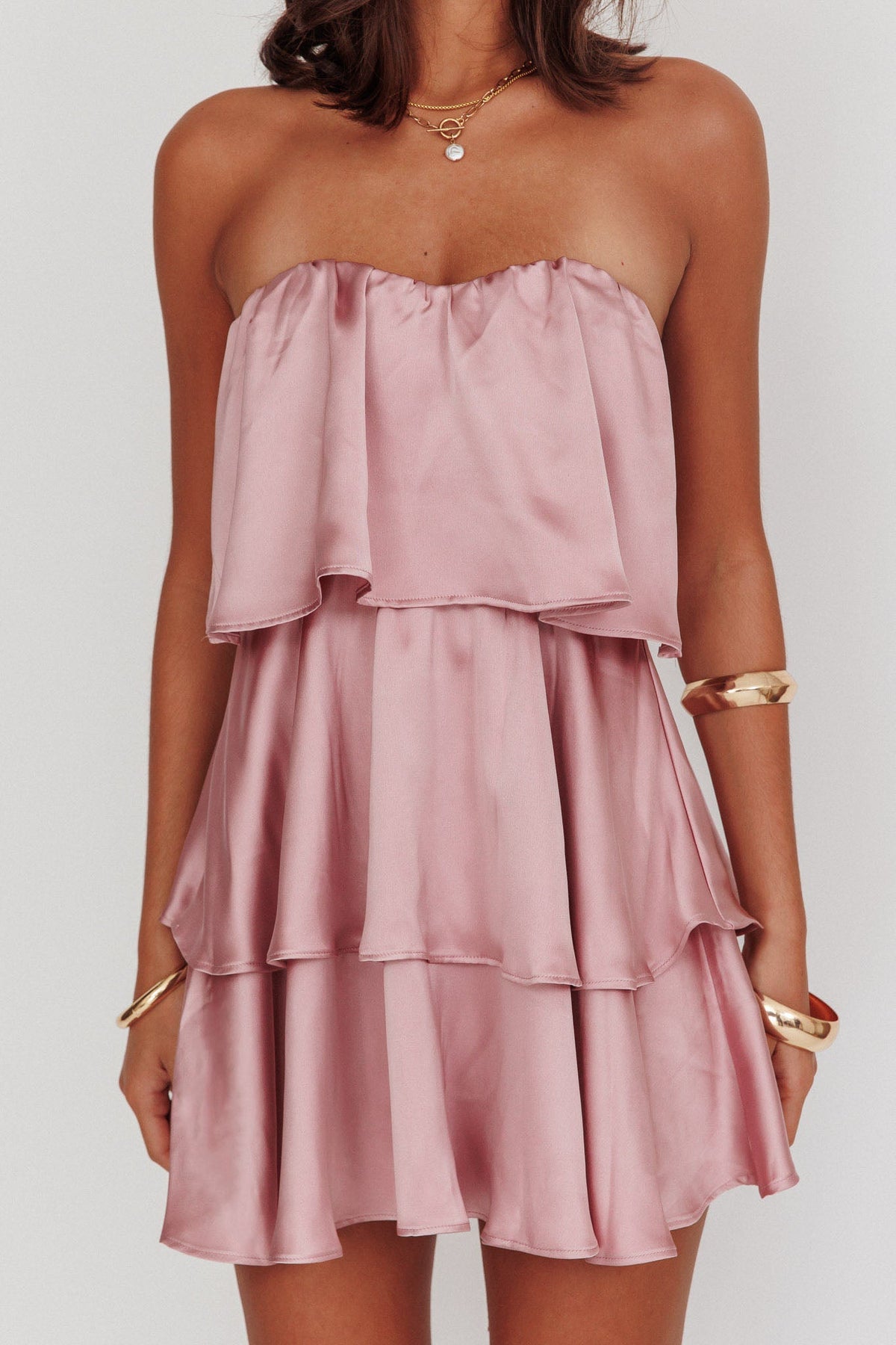 Behati Tiered Layer Strapless Dress Dusty Rose