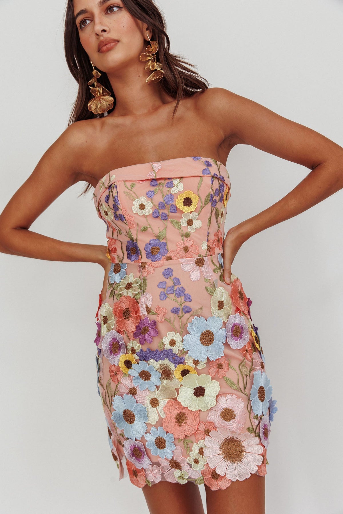 Flora Day Strapless Floral Embellished Mini Dress Pale Pink