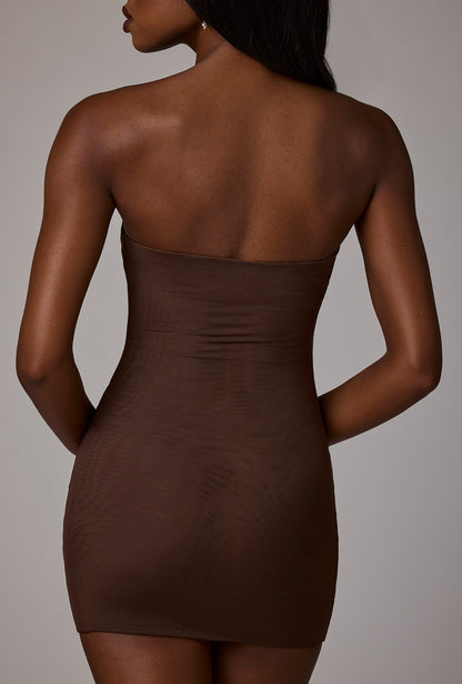 Soft Sheer-Mesh Bandeau Mini Slip Dress in Deep Cocoa