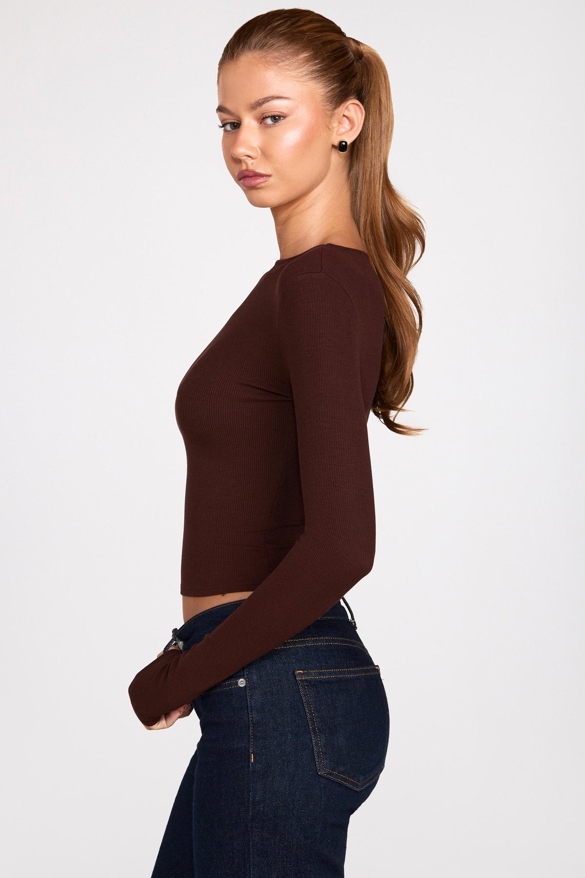 Ribbed Modal Ruched Long-Sleeve Top in Chocolate Brown