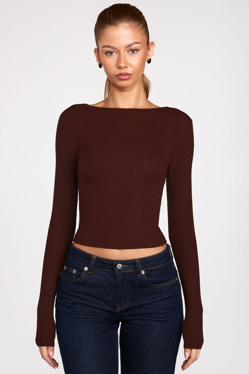 Ribbed Modal Ruched Long-Sleeve Top in Chocolate Brown