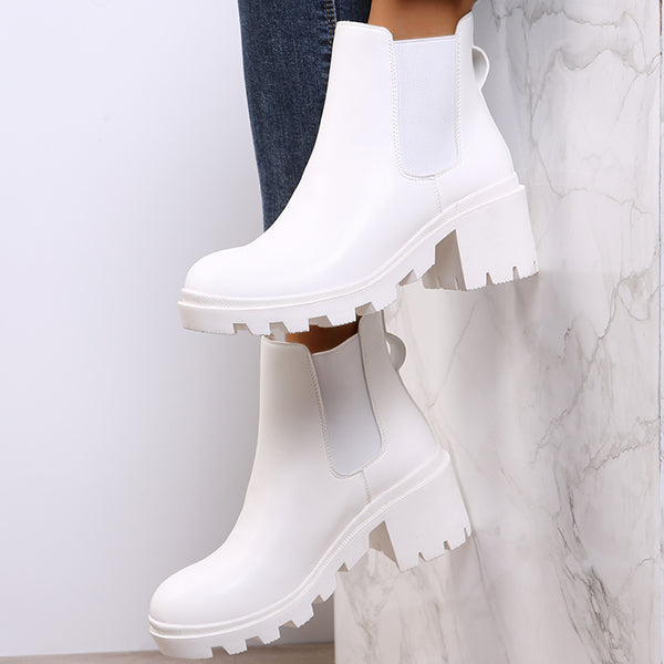 Faux Leather Chelsea Chunky Heel Ankle Boots Lug Sole Booties