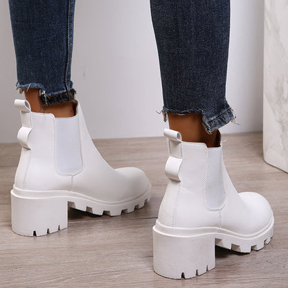 Faux Leather Chelsea Chunky Heel Ankle Boots Lug Sole Booties