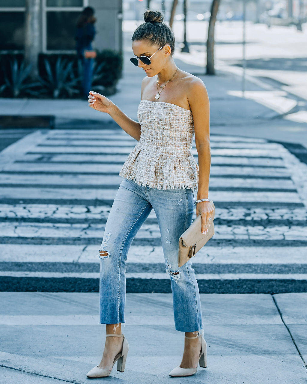 Bellany Strapless Tweed Peplum Top - Ivory Pink