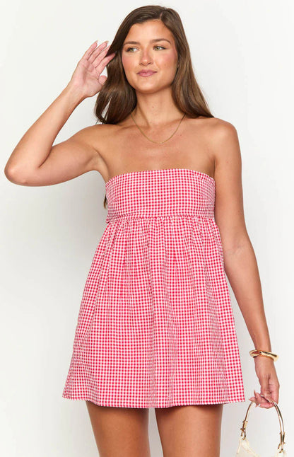 Berrie Red Gingham Strapless Mini Dress